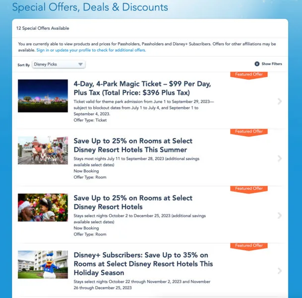 Current Disney World discounts