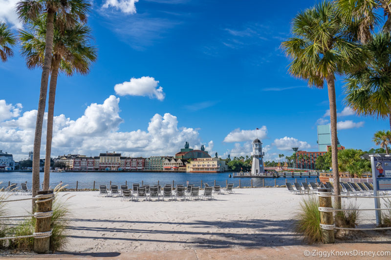 Looking at Disney's BoardWalk across Crescent Lake from the beach