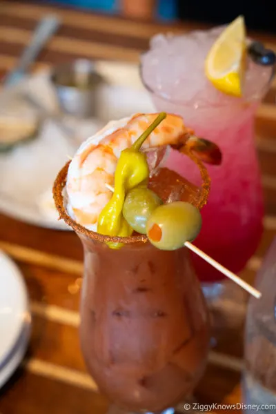 Bloody Mary with shrimp and olives The Boathouse Brunch Disney Springs