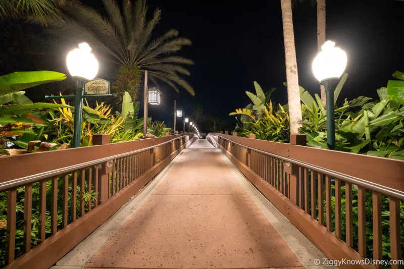 Disney's Caribbean Beach Resort walkway at night