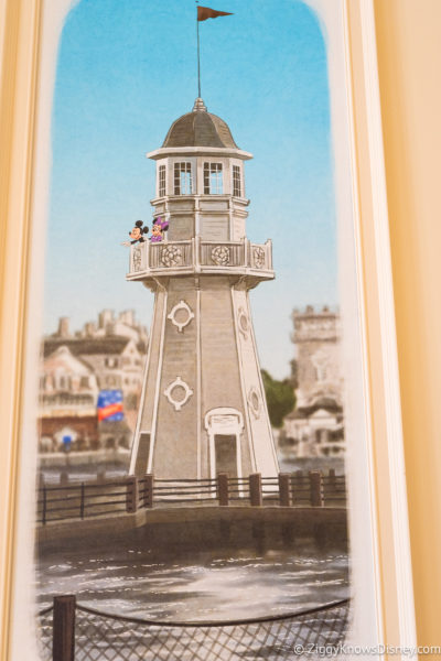 painting of Lighthouse at Disney's Yacht Club with Mickey and Minnie Mouse on top