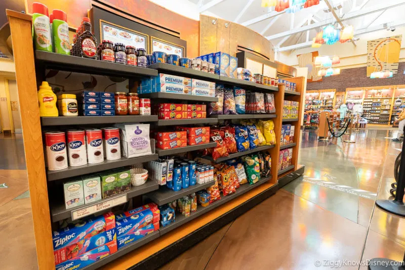 inside Disney World gift shop with food on the shelves