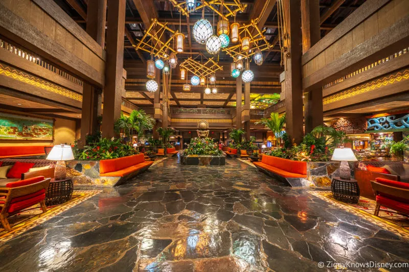 The lobby and lights at Disney's Polynesian Village Resort