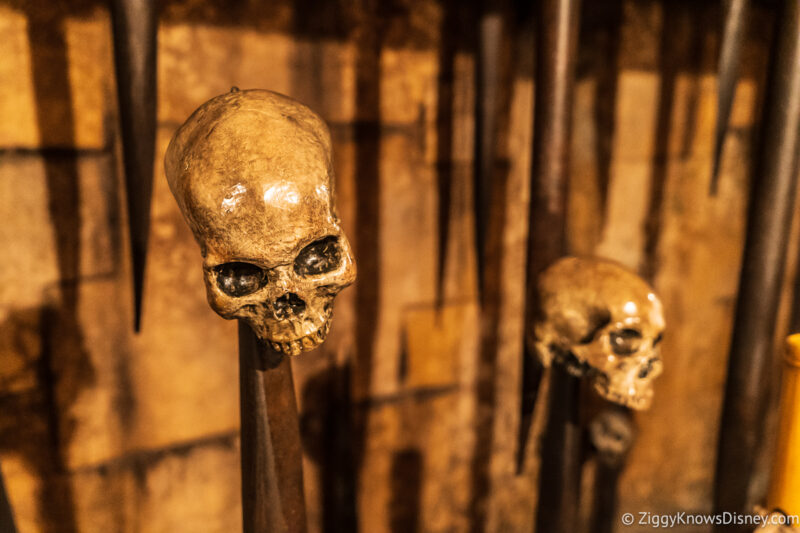 Skulls on spikes at Indiana Jones Adventure ride queue Disneyland