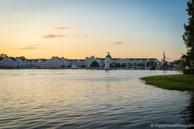 view of Disney's Yacht Club Resort from across Crescent Lake