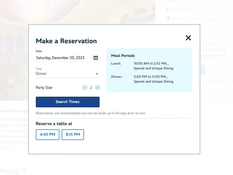 making dining reservations Be Our Guest