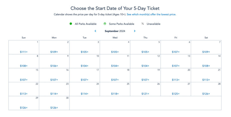 Date-based ticket pricing calendar at Disney World