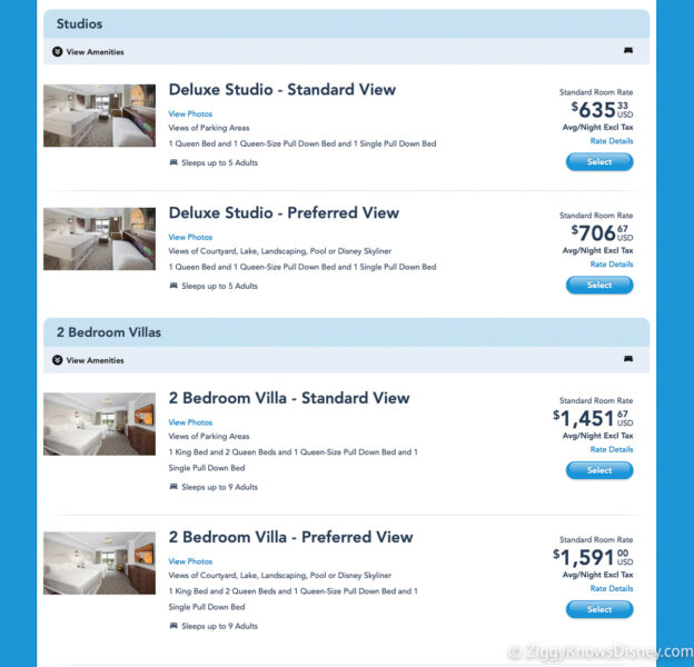 Disney DVC Resorts room availability and prices