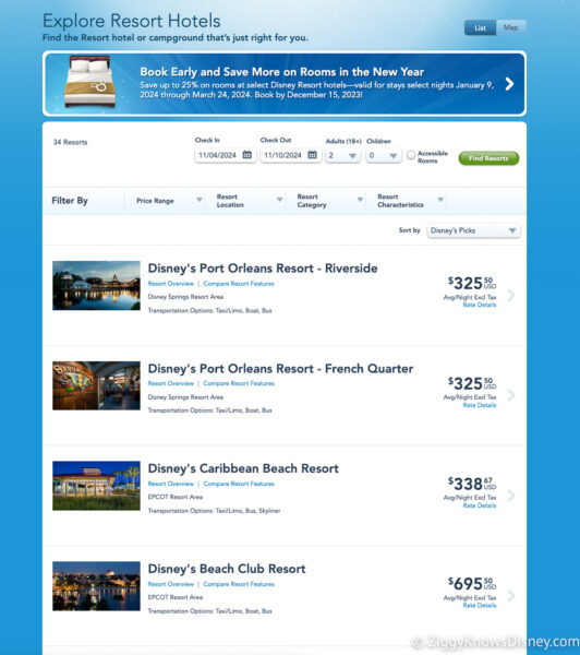 Booking Disney World vacation on the website