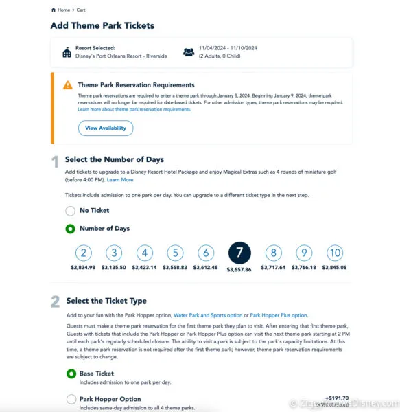 selecting park tickets