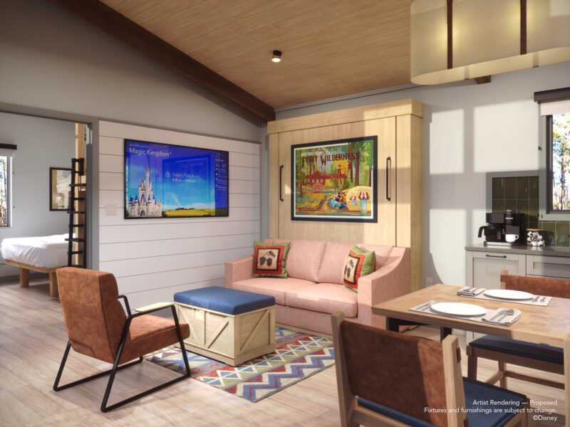 inside living room of new Fort Wilderness cabins