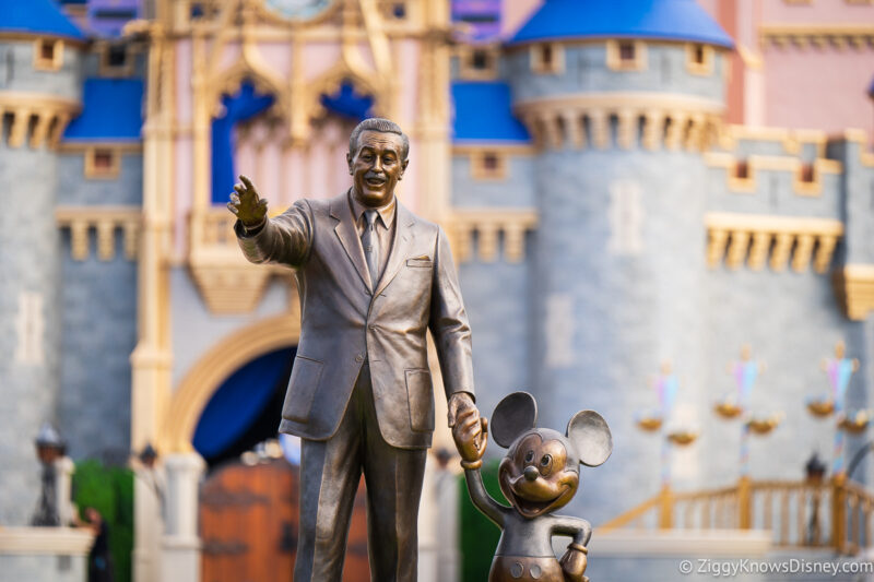 Walt Disney and Mickey Mouse Partners Statue in front of Cinderella Castle at Disney's Magic Kingdom