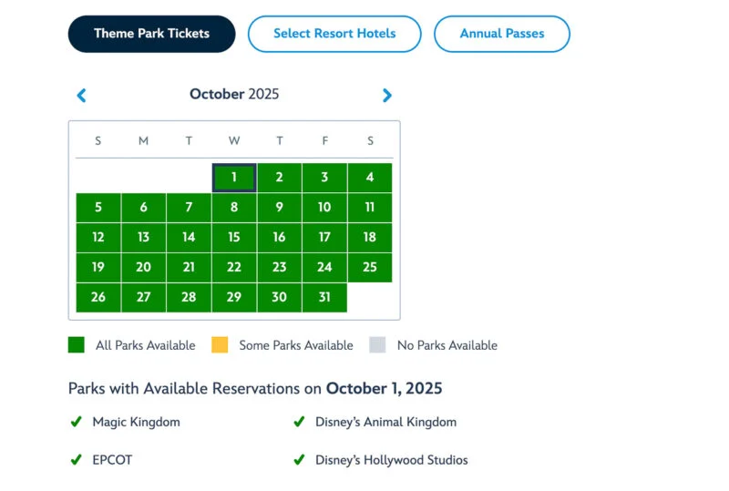 Disney park reservations calendar 2025