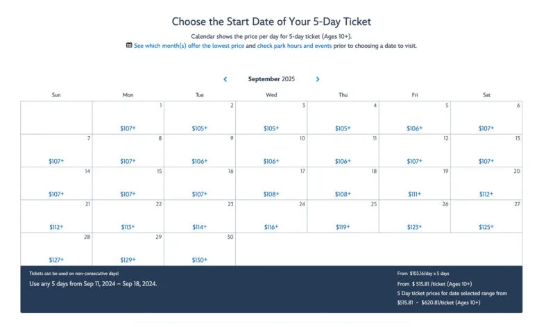 Disney World 5-Day Tickets Price Calendar
