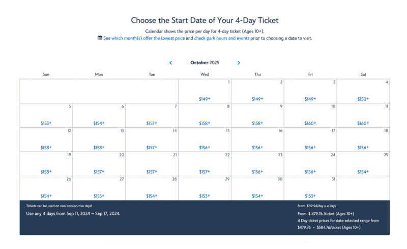 Disney World 4-Day Tickets Price Calendar