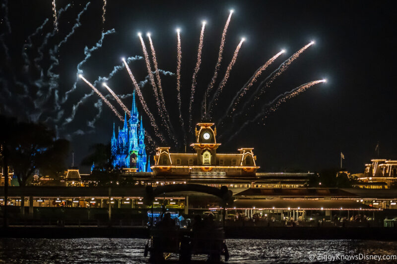 Magic Kingdom fireworks cruise in front of Main Street train station