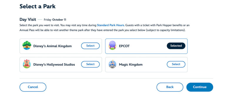 select your park option park pass reservations