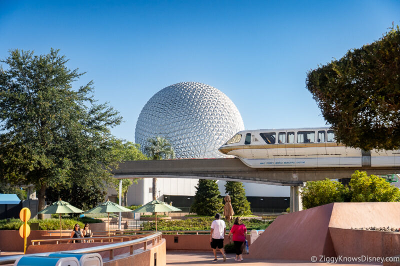 Monorail passing in front of Spaceship Earth EPCOT