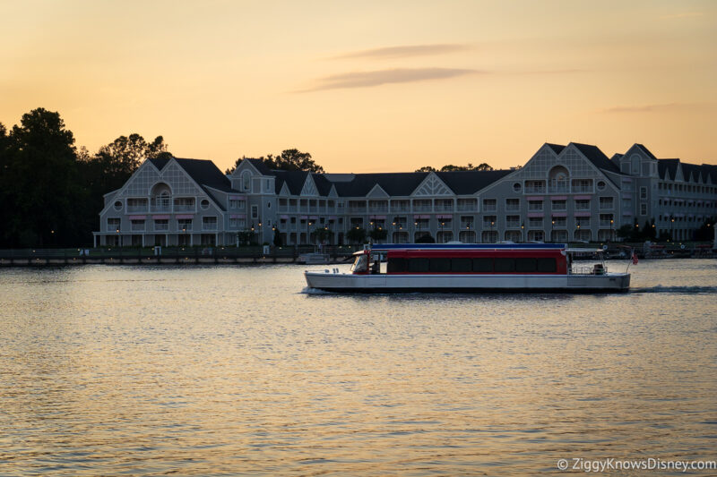 looking across Crescent Lake at sunset at Disney's Yacht Club Resort