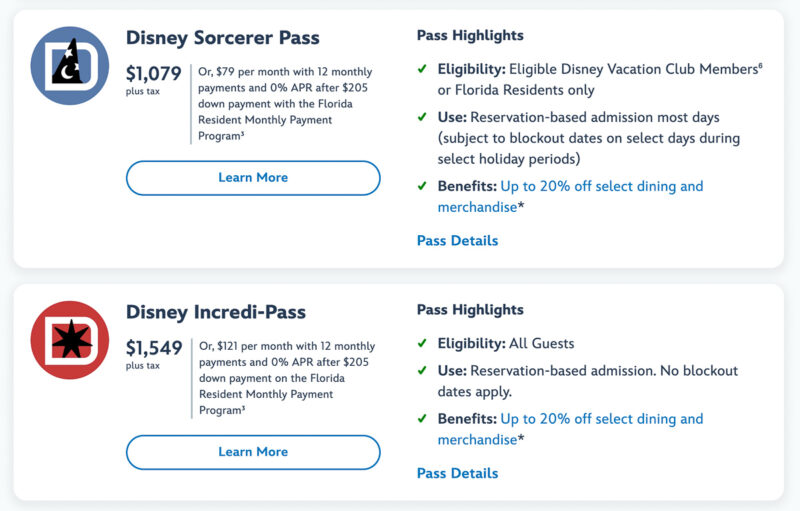 Walt Disney World Annual Pass Sorcerer Pass and Incredi-Pass