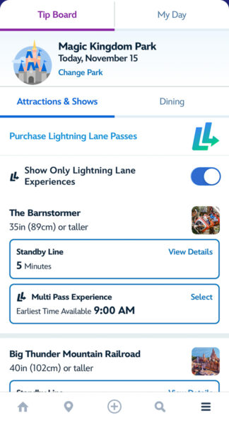 Magic Kingdom Lightning Lane selections