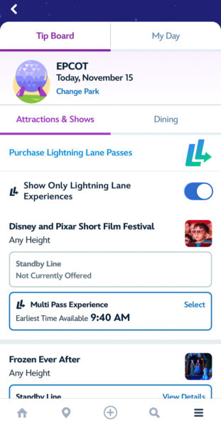 EPCOT Lightning Lane selections