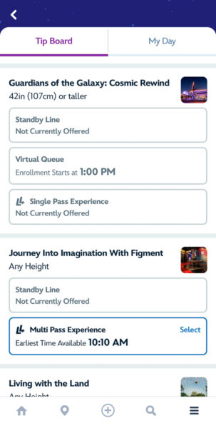 EPCOT Lightning Lane selections