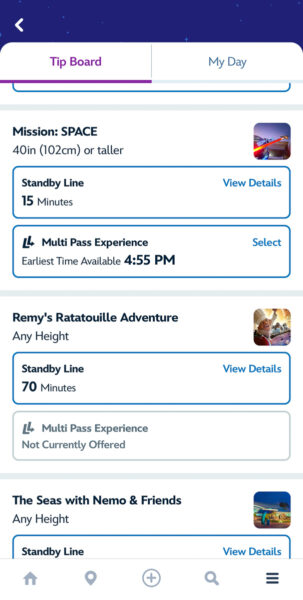 EPCOT Lightning Lane selections