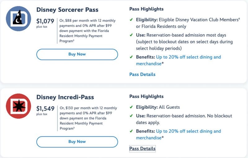 Walt Disney World Annual Pass Comparison