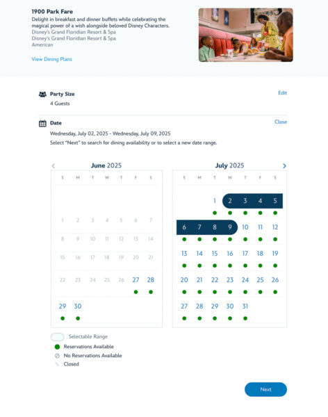 Advance Dining Reservation date selection