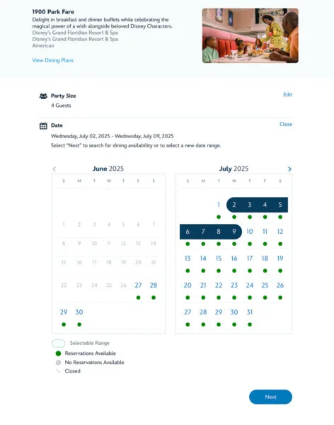 Advance Dining Reservation date selection