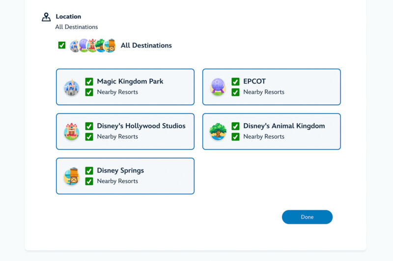 Advance Dining Reservation location selection