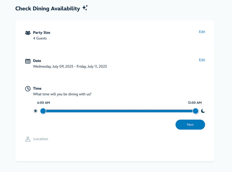 Advance Dining Reservation time selection