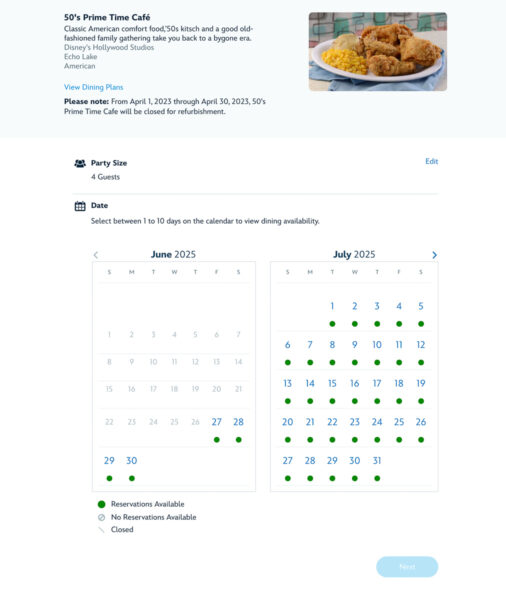 Advance Dining Reservation date selection
