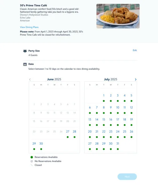 Advance Dining Reservation date selection