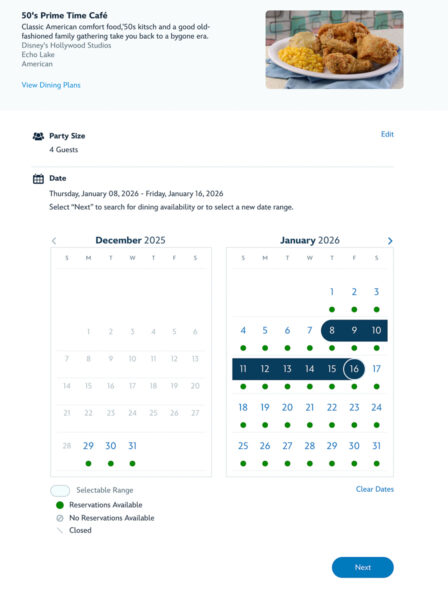 WDW Dining Reservation calendar