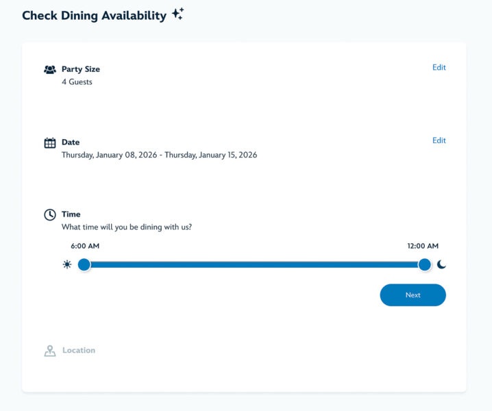 WDW Dining Reservation choosing range