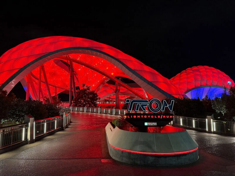 TRON Lightcycle Run Ares overlay red lights Magic Kingdom