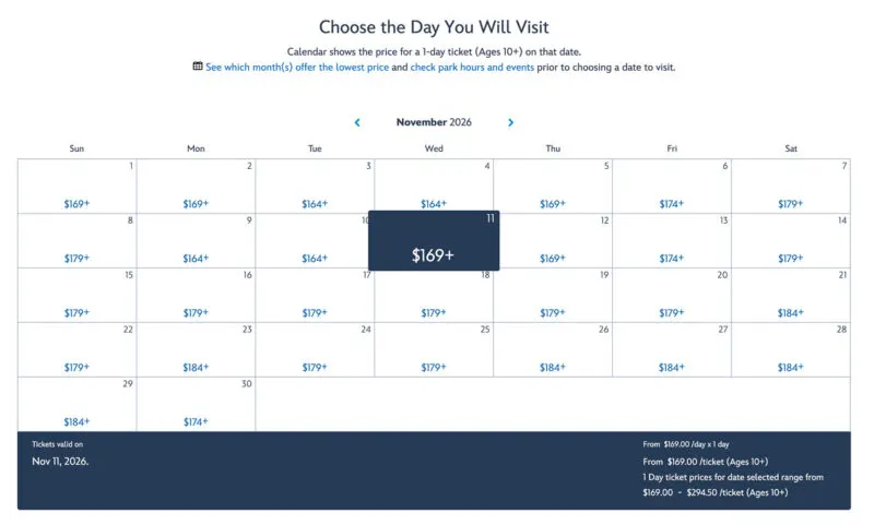 One Day WDW Ticket calendar with prices