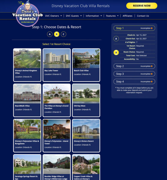 David's Vacation Club Rentals choose dates and resort