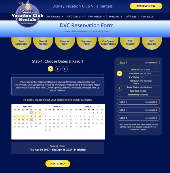 David's Vacation Club Rentals choose check in and check out dates