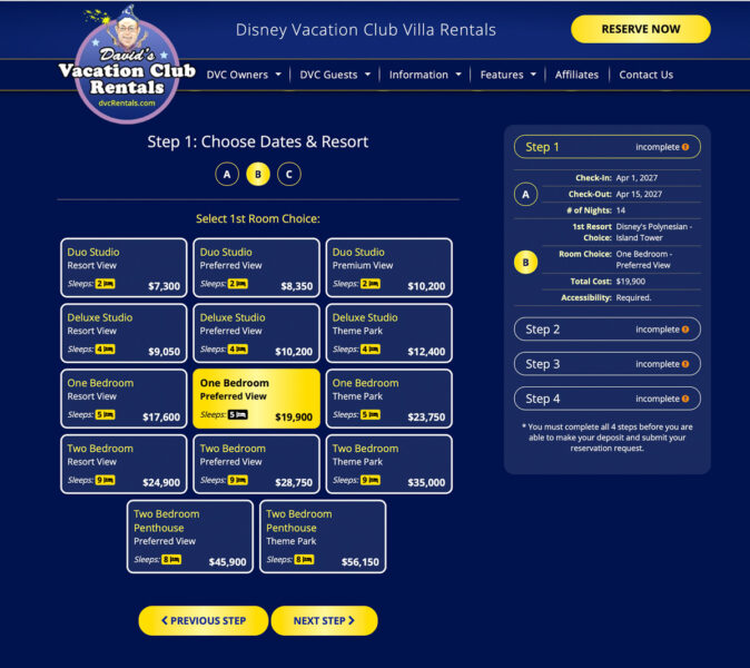 David's Vacation Club Rentals choose resort rooms