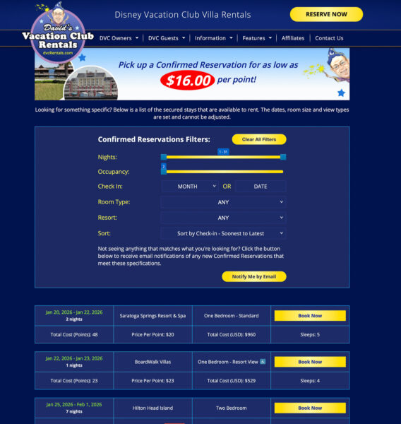 David's Vacation Club Rentals Confirmed Reservations