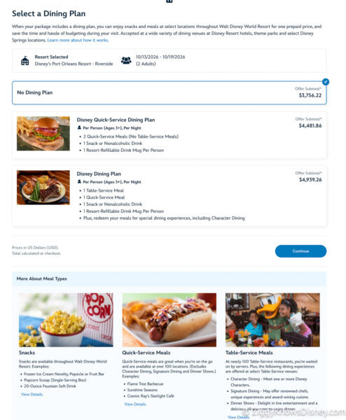 Booking Disney World trip dining plan selection