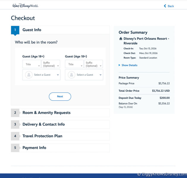 Booking Disney World trip filling out guest info