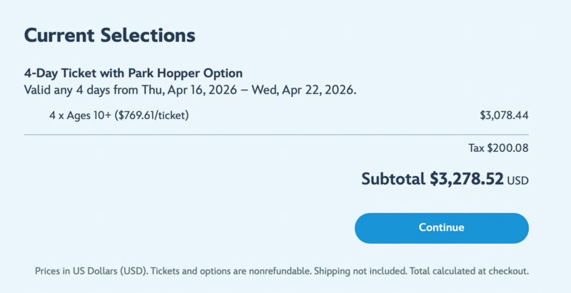 Prices for WDW Tickets 4-Day Ticket with Park Hopper