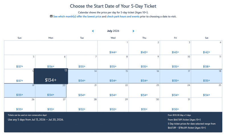 5 Day WDW Ticket Calendar Prices