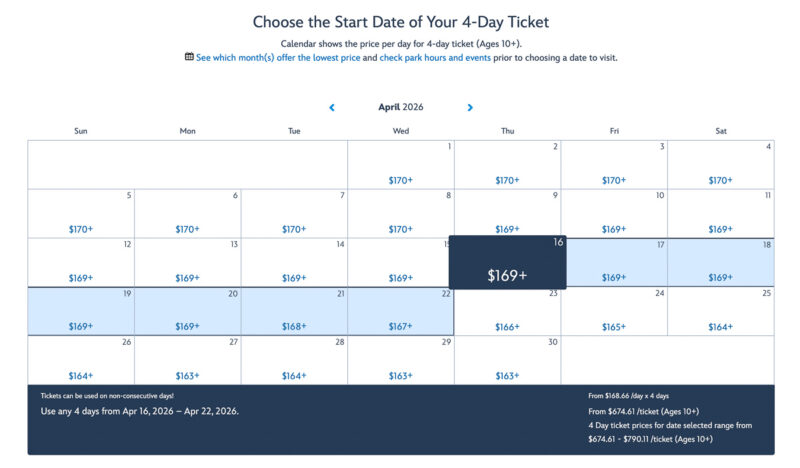 4 Day WDW Ticket Calendar Prices