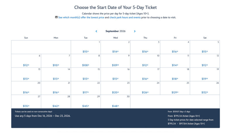 5 Day WDW Ticket Calendar Prices