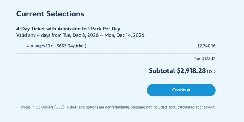 Prices for WDW Tickets 4-Day Ticket